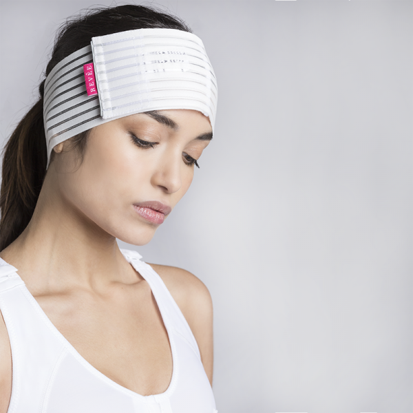 a model wearing a facelift compression band