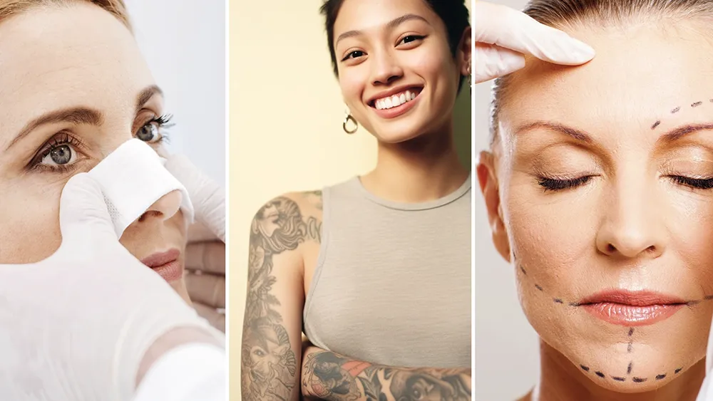 image showing a woman after nose job, a girl with tattoo and a model ready for facelift