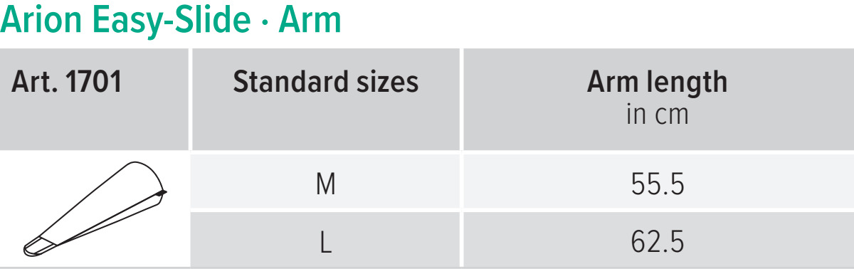 Arion Easy-Slide Arm size chart - Arion