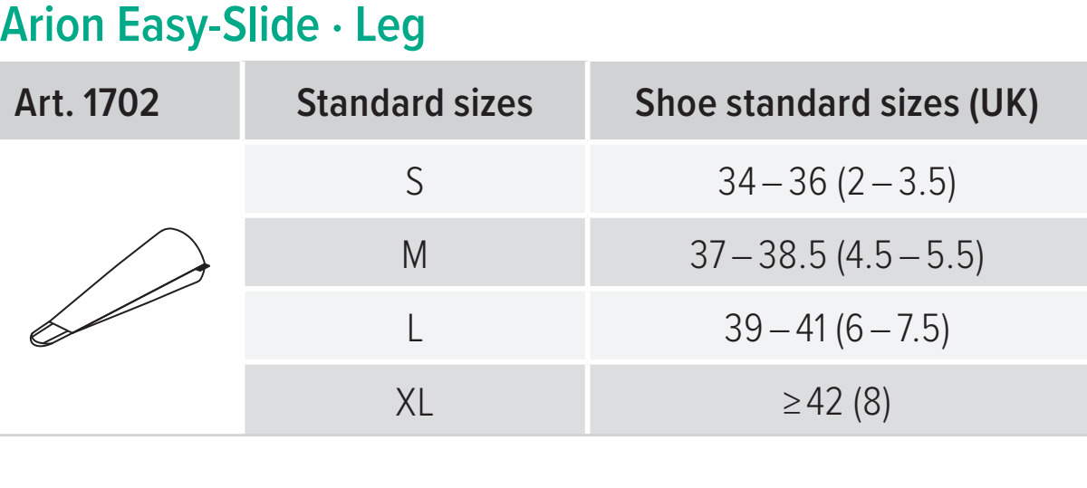 size table for arion easy slide donning aid