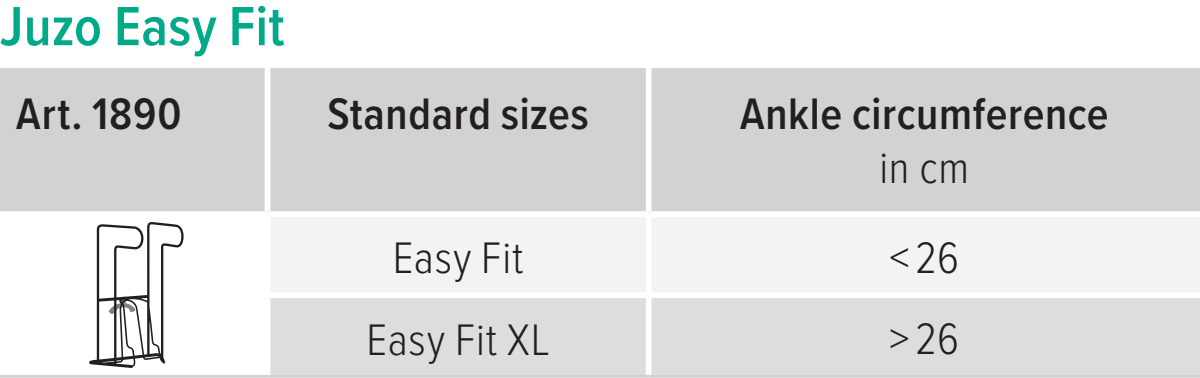 Juzo Easy Fit donning and doffing aid size chart - Juzo