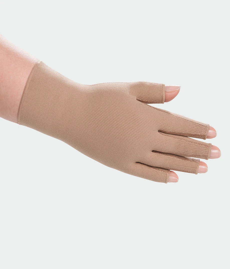 Juzo flat knit compression glove on the right hand with open fingers finishing