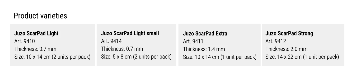 Juzo ScarPad Light Silicone Scar Sheets (Face & Hands) — دليل المقاسات