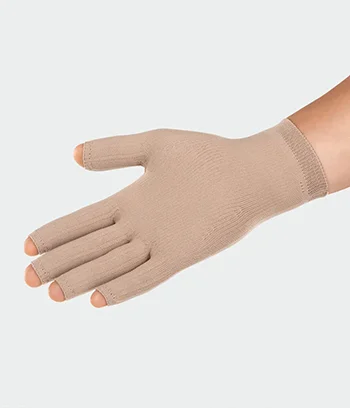 Front view of a right hand compression gloves in beige color.