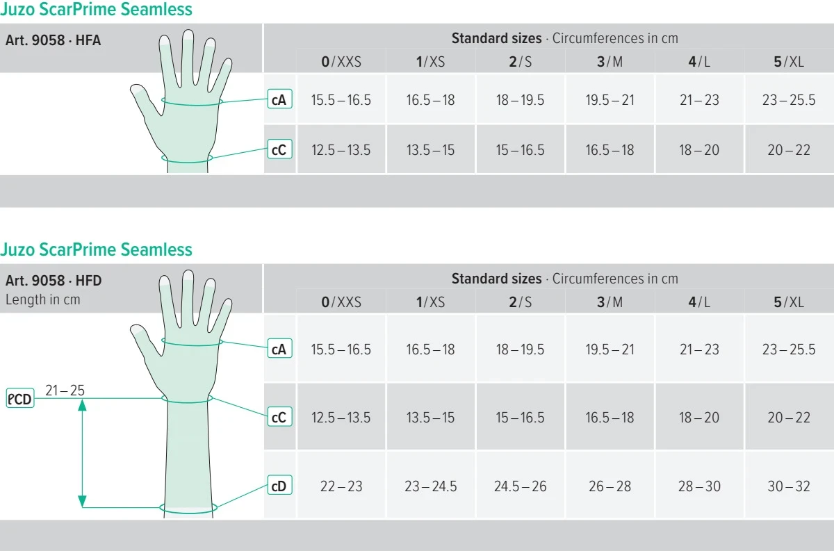 Juzo ScarPrime seamless glove size guide