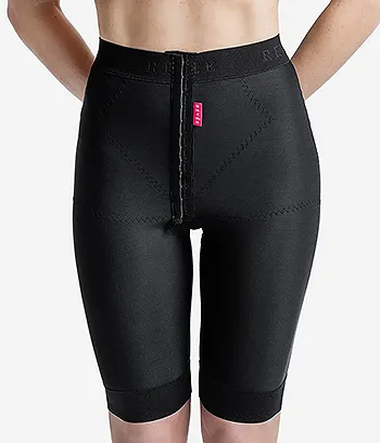 Front view of a Revee Post Surgery Compression Short with Open Crotch in black color