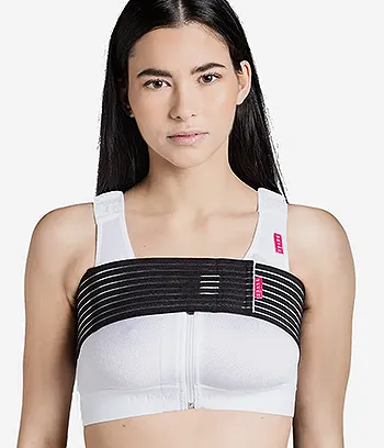 a female model wearing a =Breast Implant Stabilization Belt in black color.