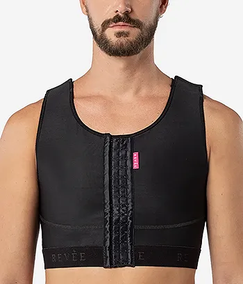 Front view of a male model wearing gynecomastia compression vest garment