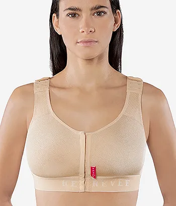 Front view of a post operative compression bra REV.0303 Revee Bra Julie. beige color