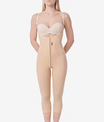 Front view of a beige color fajas colombiana liposuction garment, covery under breast to under knees