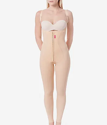 front view of a female model wearing a skin color full-body compression girdle