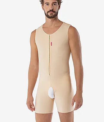 The front view of a male model wearing 360 Liposuction Compression Garment in beige color.