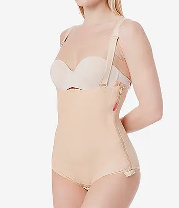 front side view of a beige color post abdominoplasty girdle.