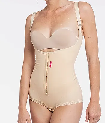 Front view of beige color Lipo Revee compression garment REV.1352 on abdominoplasty female patient