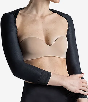 front view of a female model wearing a Surgical Post-Arm Lift Compression Garment