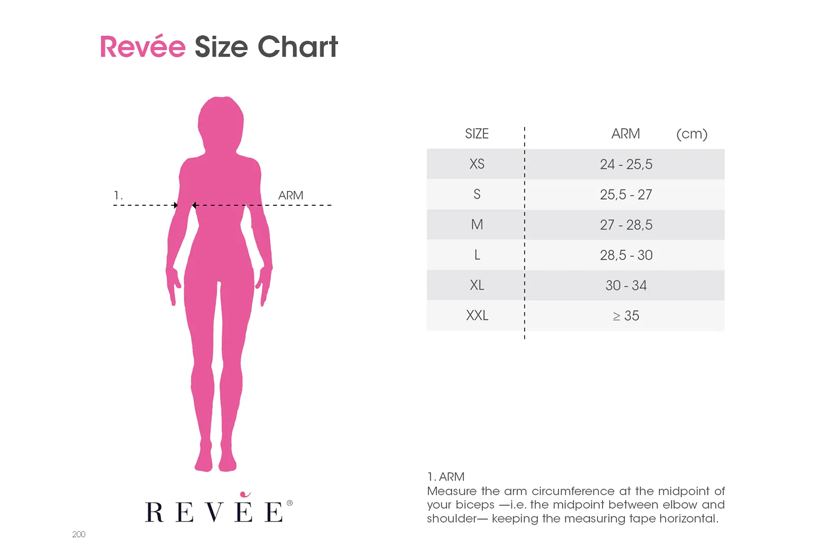 Surgical Post-Arm Lift Compression Garment size chart - Revee