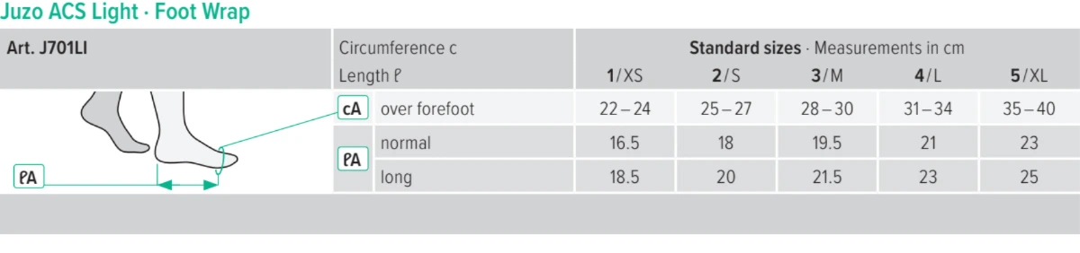 Size chart for Juzo ACS Light Adjustable Foot Wrap