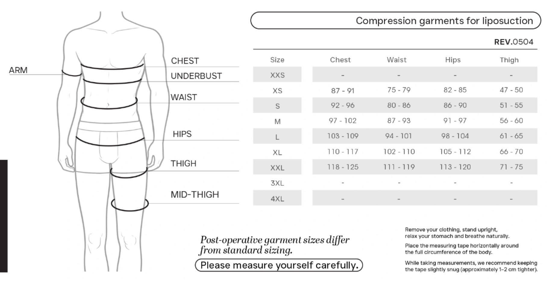 360 Liposuction Compression Garment for Men size chart - Revee