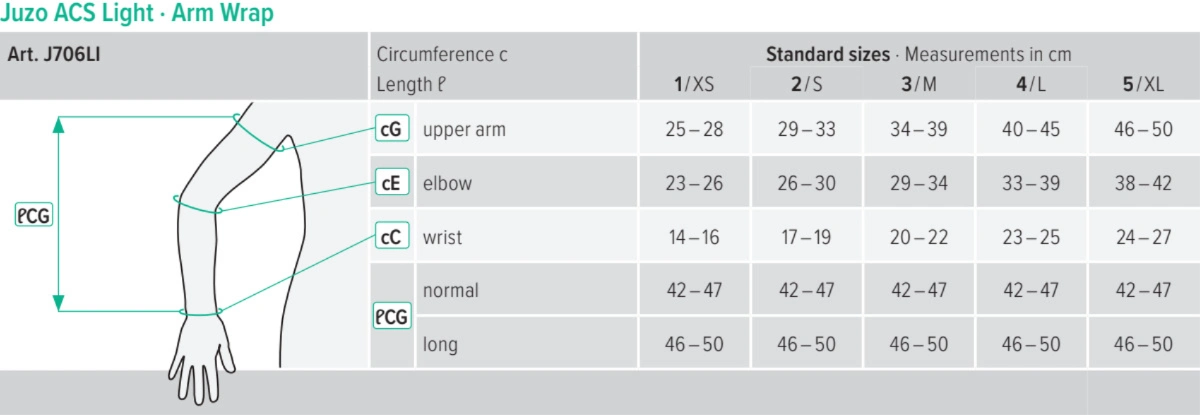 Size chart for Juzo ACS Light Adjustable Arm Wrap