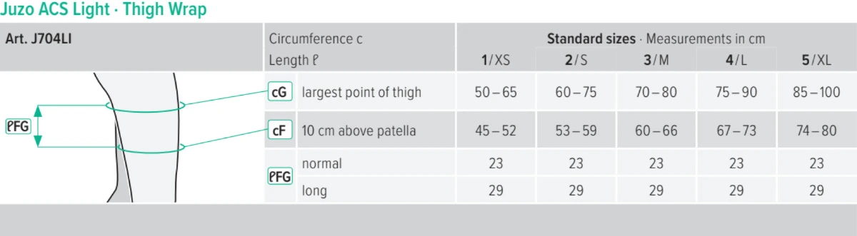 Size chart for Juzo ACS Light Adjustable Thigh Wrap