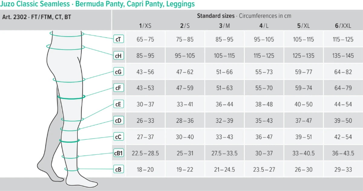 Size chart for Juzo Classic Seamless Leggings
