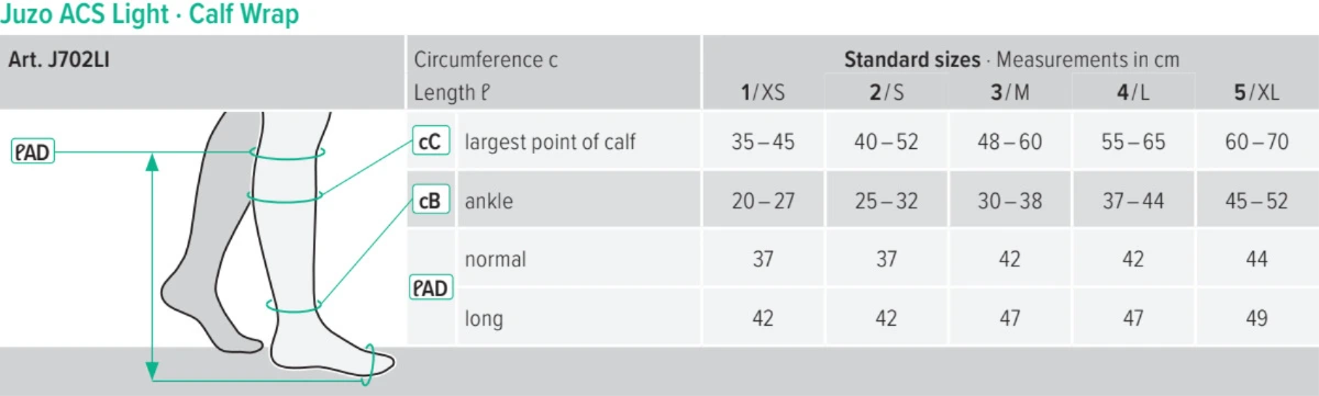 Size chart for Juzo ACS Light Adjustable Calf Wrap