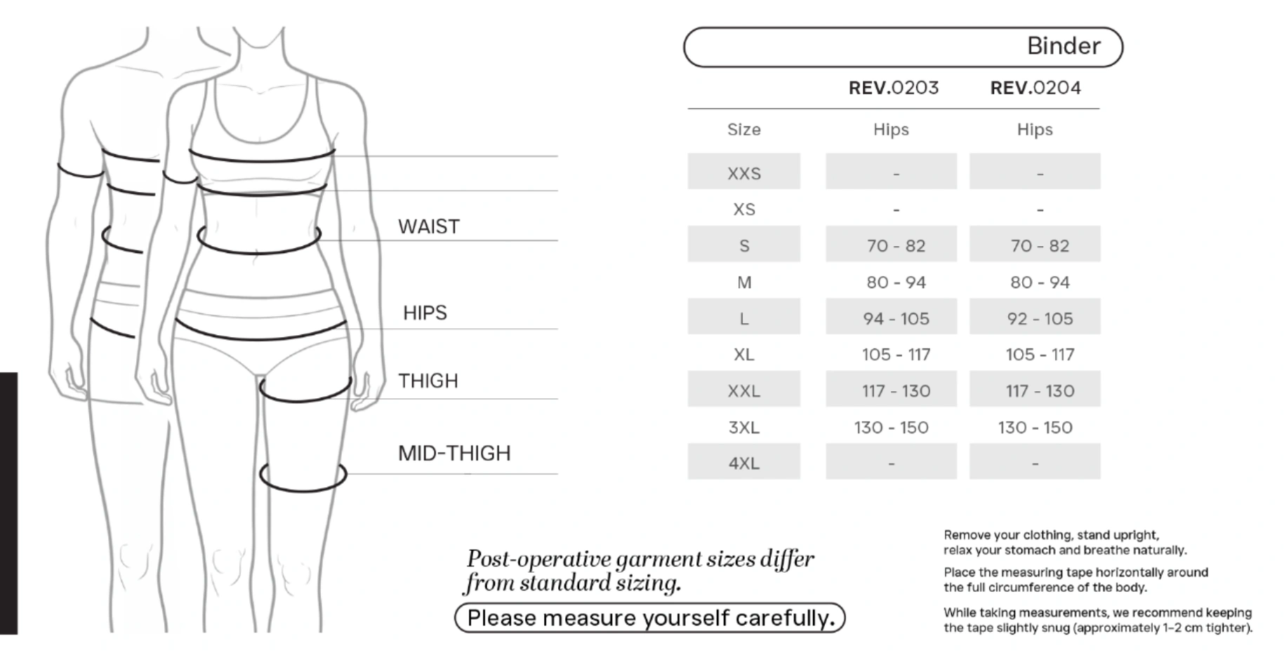 Post Surgery Abdominal Binder size chart - Revee