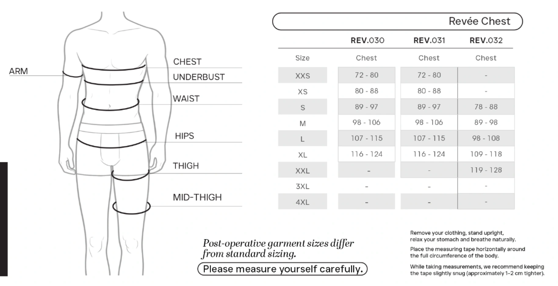 Gynecomastia Compression Vest for Men size chart - Revee